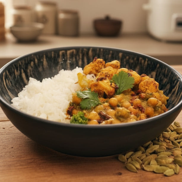 Bowl of chickpea curry with rice on a textured surface