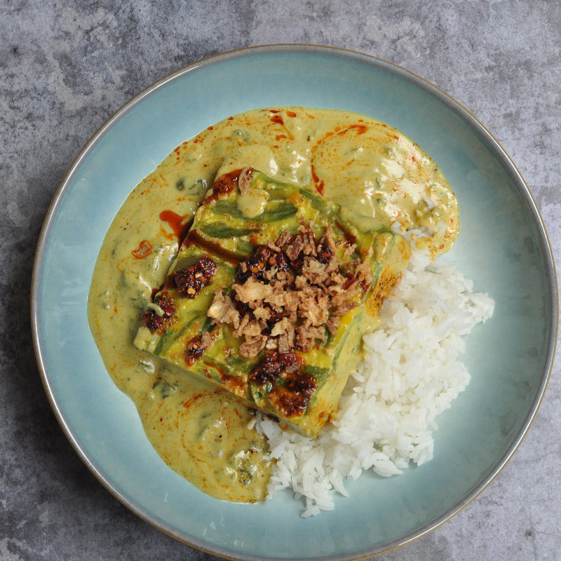 Garden Pea & Green Bean, Golden Egg Masak Lemak, Roasted Chilli Oil, Crispy Onions + Jasmine Rice