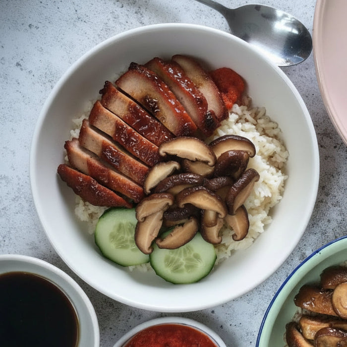 Buttery Mushroom & Char Siu Tofu Rice - Fragrant 'Fat' Rice, Cucumber + Chilli Sauce