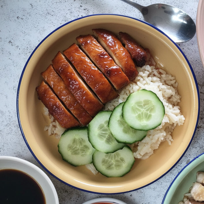 Hainanese Roast Chicken Rice - Fragrant 'Fat' Rice, Cucumber + Red Chilli Sauce