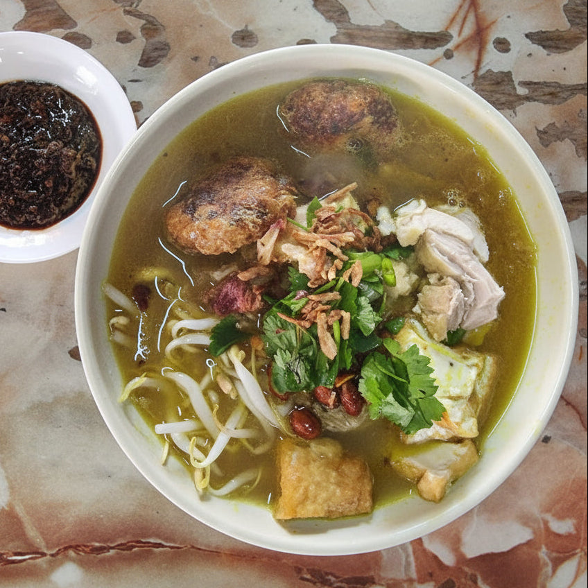Soto Ayam - Poached Chicken, Potato Bergedil, Peanuts and Sambal Hitam