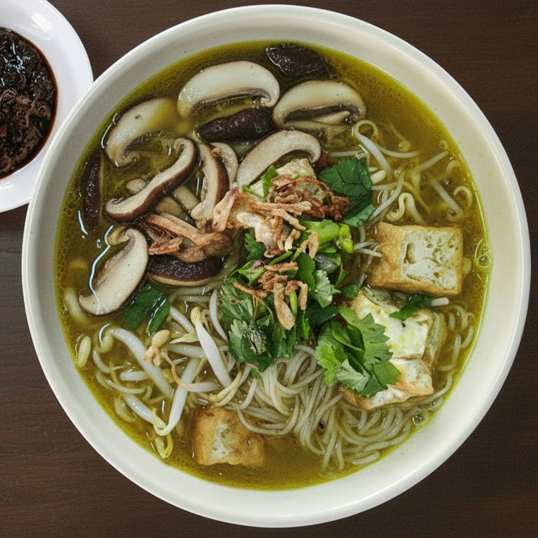 Soto Cendawan - Marinated Mushrooms, Potato Bergedil, Peanuts and Sambal Hitam
